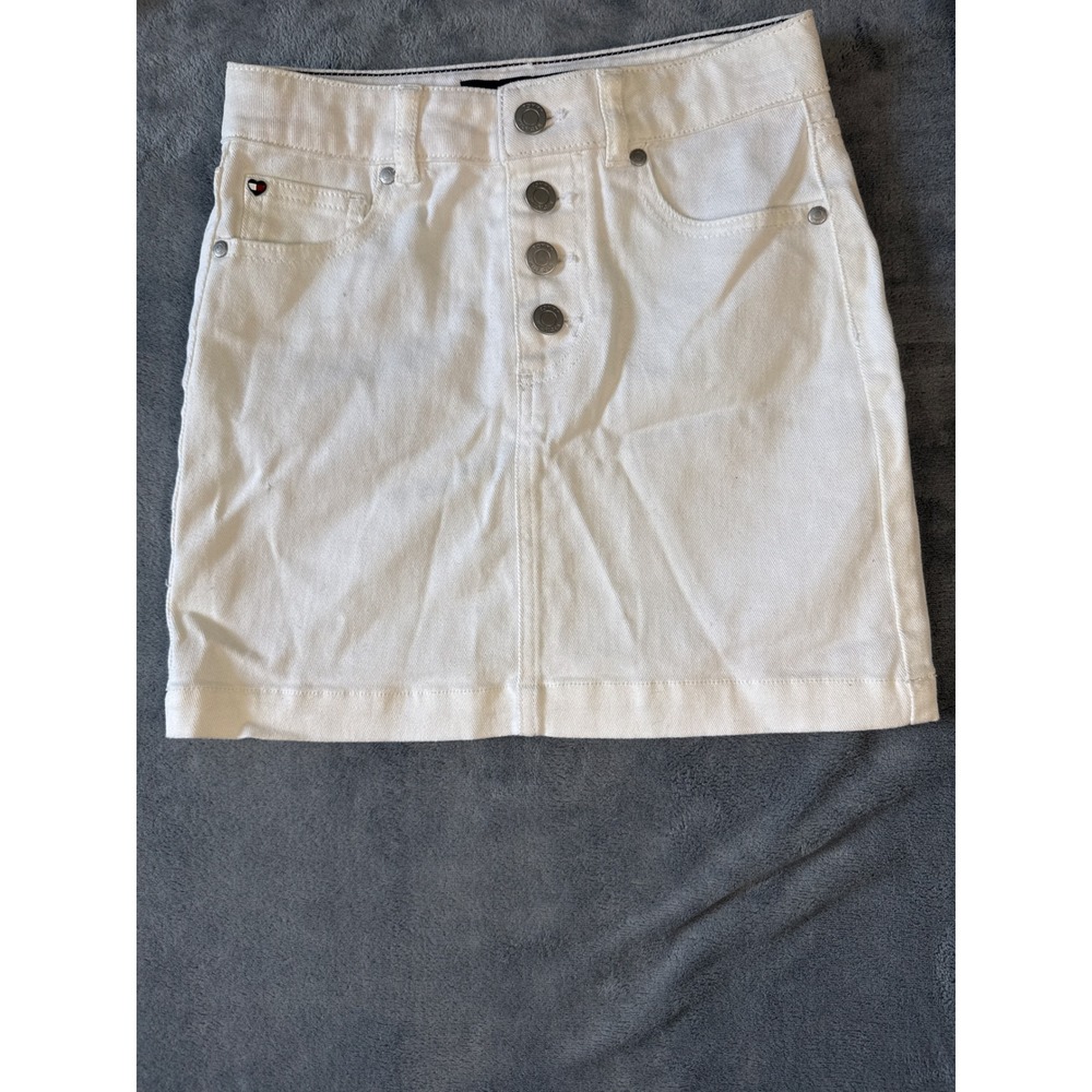 Tommy Hilfiger Womens White Denim Mini Skirt Button Fly Size 10 PTC11538